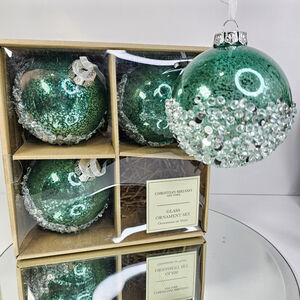 Christian Siriano Glass Christmas Ornaments 4pcs Jumbo Green Open Box New York
